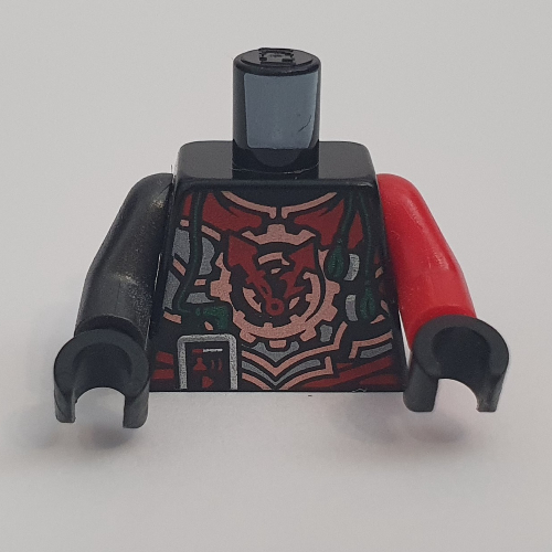 Lego Torso, Odd Arms, Armor with Red and Copper Plates, Gear with Clock Hands Print, Left Red Arm, Right Pearl Titanium Arm, Black Hands / Black