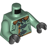 Lego Torso Jacket with Silver Clasps, Brown Collar Print, Sand Green Arms, Black Hands / Sand Green