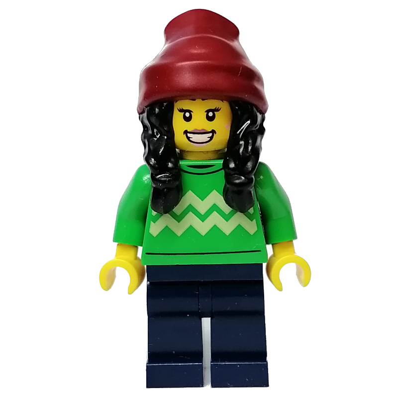 Lego Bright Green Torso, Dark Blue Legs, Dark Red Beanie, Black Hair