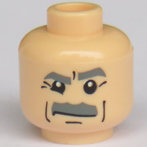 Lego Minifig Head J. Jonah Jameson, Dark Bluish Gray Bushy Moustache and Eyebrows, White Pupils Print [Blocked Open Stud] / Light Nougat