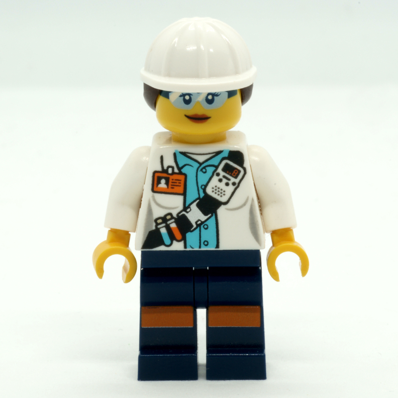 Lego Miner, Woman, Open White Jacket with Shoulder Belt and ID Badge, White Hard Hat with Hair, Safety Glasses