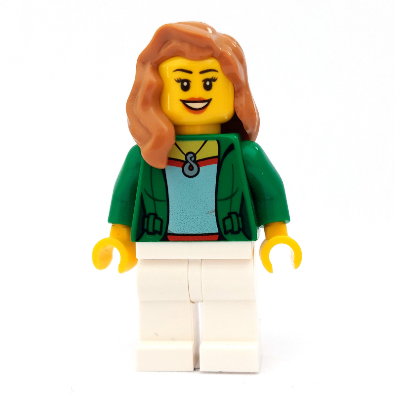 Lego Woman, Open Green Jacket with Necklace, Medium Nougat Hair