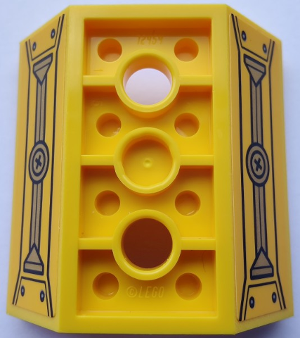 Lego Slope, Inverted 45 4 x 4 Double with 2 Holes with Plus Sign, Gold and Yellow Hull Plates and Rivets Pattern (Sticker) - Set 80012