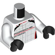 Lego Torso Race Suit, Black and Red Trim, 'PORSCHE MOTORSPORT' print, White Arms, Black Hands
