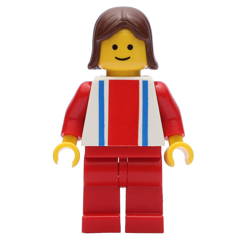 Lego Woman, White Top with Large Red Stripe and 2 Blue Stripes, Red Legs, Brown Hair