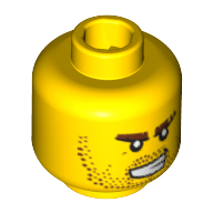 Lego Minifig Head, Stubble, Brown Eyebrows, Bared Teeth, White Pupils Print / Yellow