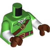Lego Torso, Dual Molded Arms, Shirt, Dark Red Belt, Gold Buckle, Reddish Brown Strap, White Shirt print, Bright Green Sleeves Pattern, White Arms, Reddish Brown Hands / Bright Green