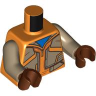 Lego Torso, Jacket, Dark Tan Patches, Zipper, Blue Shirt print, Dark Tan Arms, Reddish Brown Hands / Orange