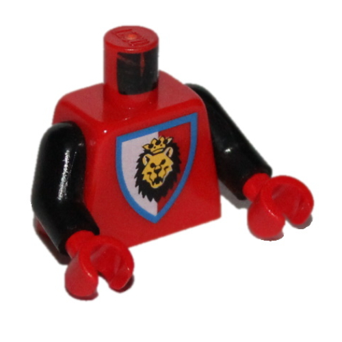 Lego Torso Royal Knights Lion Head on Red/White Shield Print, Black Arms, Red Hands / Red