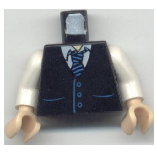 Lego Torso Vest with Pockets and Blue Striped Tie Print, White Arms, Light Nougat Hands / Black