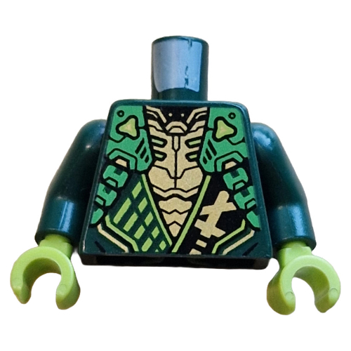 Lego Torso, Ninja Robes, Black Sash with Gold Symbol, Bright Green Straps, Gold Chest print, Dark Green Arms, Lime Hands / Dark Green