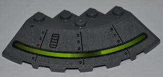 Lego Brick, Round Corner 6 x 6 with Slope 33 Edge, Facet Cutout with Alien Ship Dark Gray Pattern (Sticker) - Set 7052