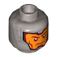 Lego Minifig Head Royal Guard / Soldier, Dual Sided, Balaclava, Orange Face, Dark Red Eyebrows and Cheek Lines, Firm / Gritted Teeth Print [Hollow Stud] / Flat Silver