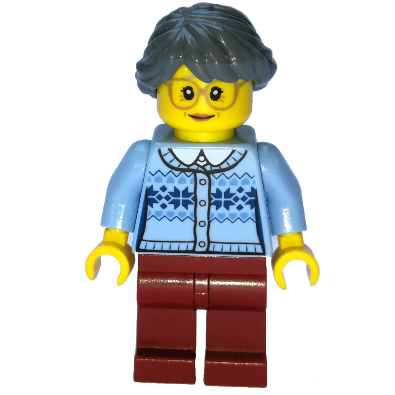 Lego Woman, Bright Light Blue Cardigan, Dark Red Legs, Dark Grayish Blue Hair