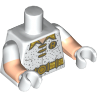 Lego Torso, Dual Molded Arms, Gold Belt, Gold Lapels, Lace, 'R' Print, White Sleeves Pattern, Light Nougat Arms, White Hands / White