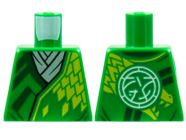 Lego Torso Tunic White Scarf, Dark Green Trim, Lime Dragon Scales, Core Logo on Back Pattern