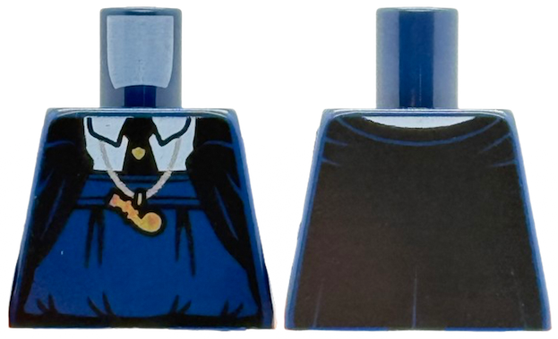 Lego Torso Black Cloak Open over Blouse and White Shirt with Collar, Tie with Gold Pin, Silver Necklace with Small Whistle Pattern