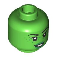 Lego Minifig Head Elphaba, Black Eyebrows, Green Lips, Freckles, Open Mouth / Closed Mouth, Raised Eyebrow / Bright Green