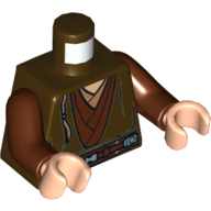 Lego Torso Robe, Layered with Dark Tan Undershirt, Reddish Brown Belt and Padawan Braid Print, Reddish Brown Arms, Light Nougat Hands / Dark Brown