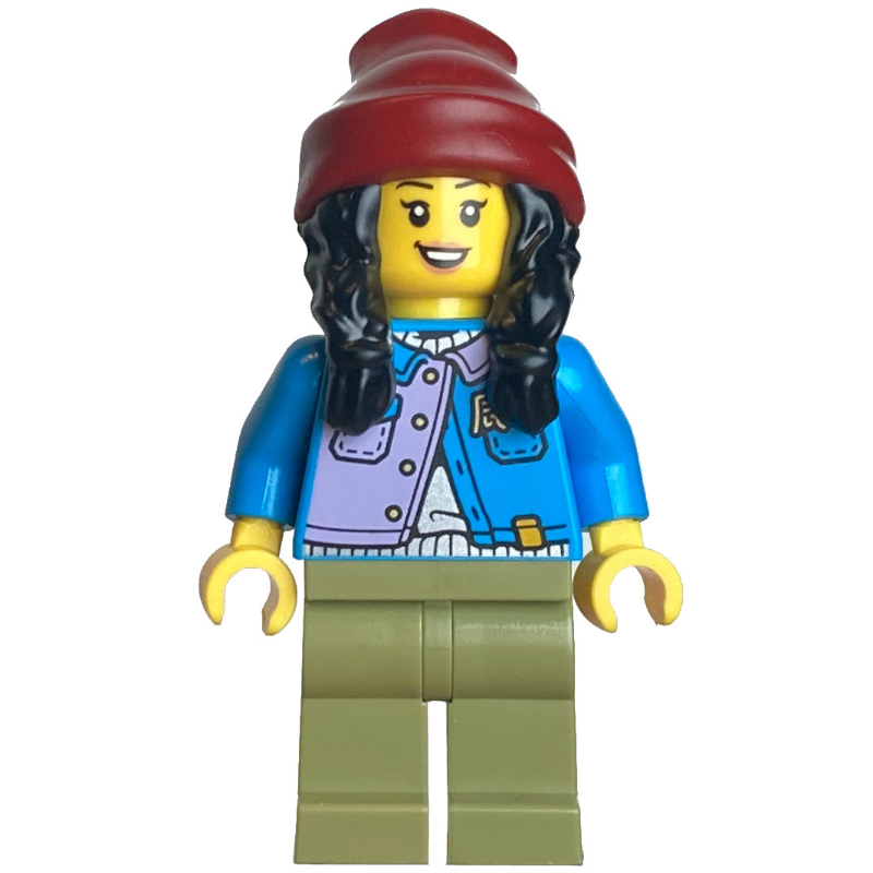 Lego Dark Azure Torso, Olive Green Legs, Dark Red Beanie, Black Hair