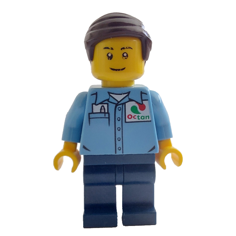 Lego Man, Medium Blue Shirt with Octan Logo, Dark Blue Legs, Dark Brown Hair
