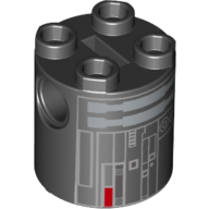 Lego Brick Round 2 x 2 x 2 Robot Body, Axle Holder '+' Orientation with Grey, Silver, and Red Imperial Astromech Droid Print / Black