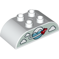 Lego Duplo Brick 2 x 4 Curved Top with Airplane Circling Globe, Clouds Print / White