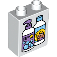 Lego Duplo Brick 1 x 2 x 2 with Bottom Tube and Two Bubble Bath Bottles Print / White