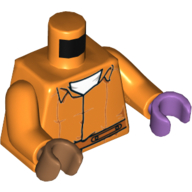 Lego Torso, Odd Hands, Prisoner Jumpsuit with Belt, White Undershirt / 'ARKHAM' on Back Print, Orange Arms, Left Medium Lavender Hand, Right Medium Nougat Hand / Orange