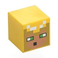 Minifig Head Special, Cube with Pixelated Nougat Face, Gold Hood, Bright Green Eyes Print / Yellow
