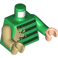 Lego Torso, Odd Arms and Hands, Sweater, Dark Green Stripes, Tan Dirt Print, Left Green Arm and Light Nougat Hand, Right Tan Arm and Hand / Green