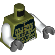 Lego Torso Jacket with Zipper, Straps, and Black Shirt Print, White Arms, Dark Bluish Gray Hands / Olive Green