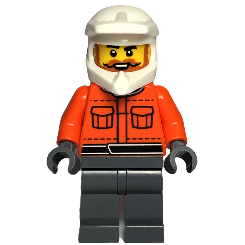 Lego Pit Crew, Reddish Orange Torso, Dark Bluish Grey Legs, Male, Dark Orange Beard