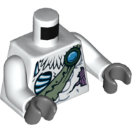 Lego Torso Feathers, Sand Green Sash, White Bones, Purple Sinew Patches and Blue Round Jewel (Chi) Print, White Arms, Dark Bluish Gray Hands / White
