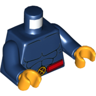 Lego Torso Muscles Outline and Red Belt with X-Men Logo Belt Buckle Print, Dark Blue Arms, Bright Light Orange Hands / Dark Blue