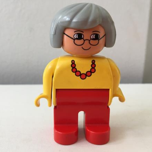Lego Duplo Figure, Early, Hair Bob Light Gray, Red Legs, Red Necklace, Gray Hair, Glasses Print / Yellow