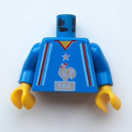 Lego Torso Soccer Jersey, French Team with Rooster Logo Print, Blue Arms, Yellow Hands / Blue