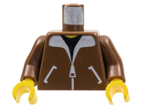 Lego Torso Aviator Bomber Jacket with White Pockets, Zipper and Fur Collar over Black Shirt, Yellow Neck Pattern / Brown Arms / Yellow Hands