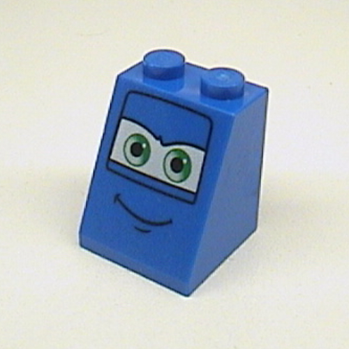 Lego Brick Sloped 65° 2 x 2 x 2 with Bottom Tube and Eyes, Green on White Background and Smile Print 1 / Blue