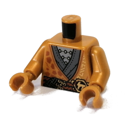 Lego Torso Robe with Orange Rope, Dark Bluish Grey Tunic, Gold Asian Symbol print, Pearl Gold Arms and Hands / Pearl Gold