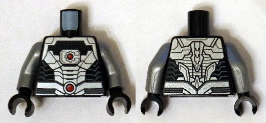 Lego Torso Black and Silver Armor Plating with 2 Red Circles Pattern (Cyborg) / Flat Silver Arms / Black Hands