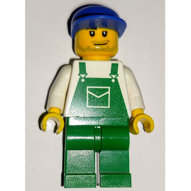Lego Man, Green Overalls, Blue Cap, Stubble (86035 Cap)