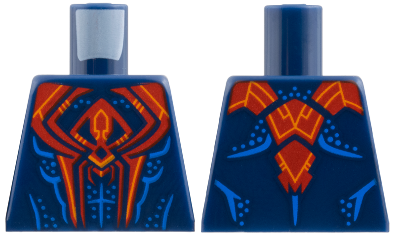 Lego Torso Large Red Spider, Orange Trim, Blue Muscle Contours and Dots Pattern
