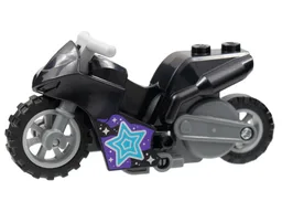 Stuntz Flywheel Motorcycle Sport Bike Tapered Front with Dark Bluish Gray Frame, Light Bluish Gray Wheels, and Light Bluish Gray Handlebars with Medium Azure, Dark Pink, and Silver Stars Pattern
