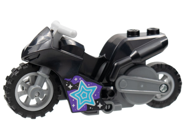 Lego Stuntz Flywheel Motorcycle Sport Bike Tapered Front with Dark Bluish Gray Frame, Light Bluish Gray Wheels, and Light Bluish Gray Handlebars with Medium Azure, Dark Pink, and Silver Stars Pattern