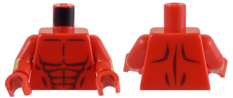 Lego Torso Bare Chest with Pearl Dark Gray and Dark Red Muscles Outline Pattern / Red Arms with Gold Cuffs Pattern / Red Hands