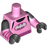 Lego Torso, Dual Molded Arms, Tank Top with White Batman Logo, Dark Pink Sash Print, Black Sleeves Pattern, Bright Pink Arms with Dark Pink Stripes Print, Black Hands / Bright Pink