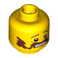Lego Minifig Head, Brown Handlebar Moustache, Scared Print / Yellow