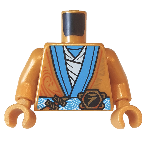 Lego Torso Robe, Dark Azure Trim, White Belt with Black Symbol, White Undershirt Print, Pearl Gold Arms and Hands / Pearl Gold