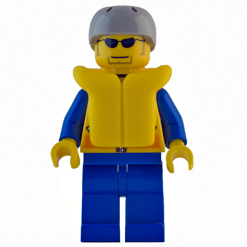 Lego Coast Guard, Yellow Jacket with Zipper, Radio and Badge, Light Bluish Gray Helmet, Yellow Life Vest, Sunglasses